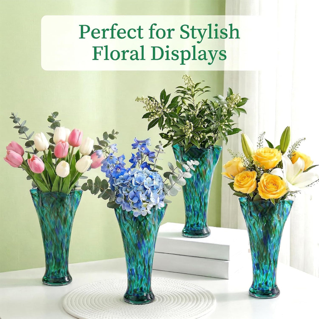 Teal Green Glass Vase for Flowers,10.8inch Hand Blown Vase