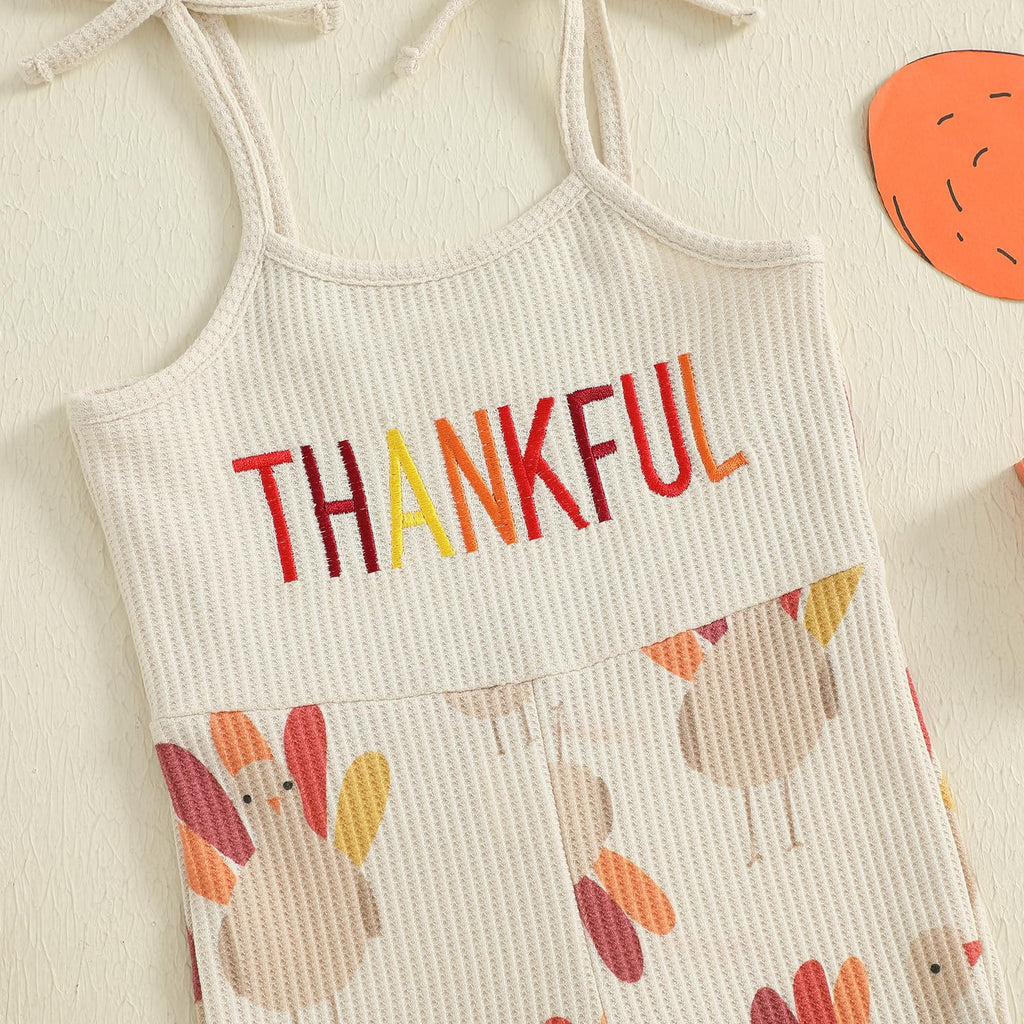 Toddler Baby Girl Thanksgiving Outfit Turkey Jumpsuit Spaghetti Strap Jolly Romper Bell Bottoms Outfits (Thankful