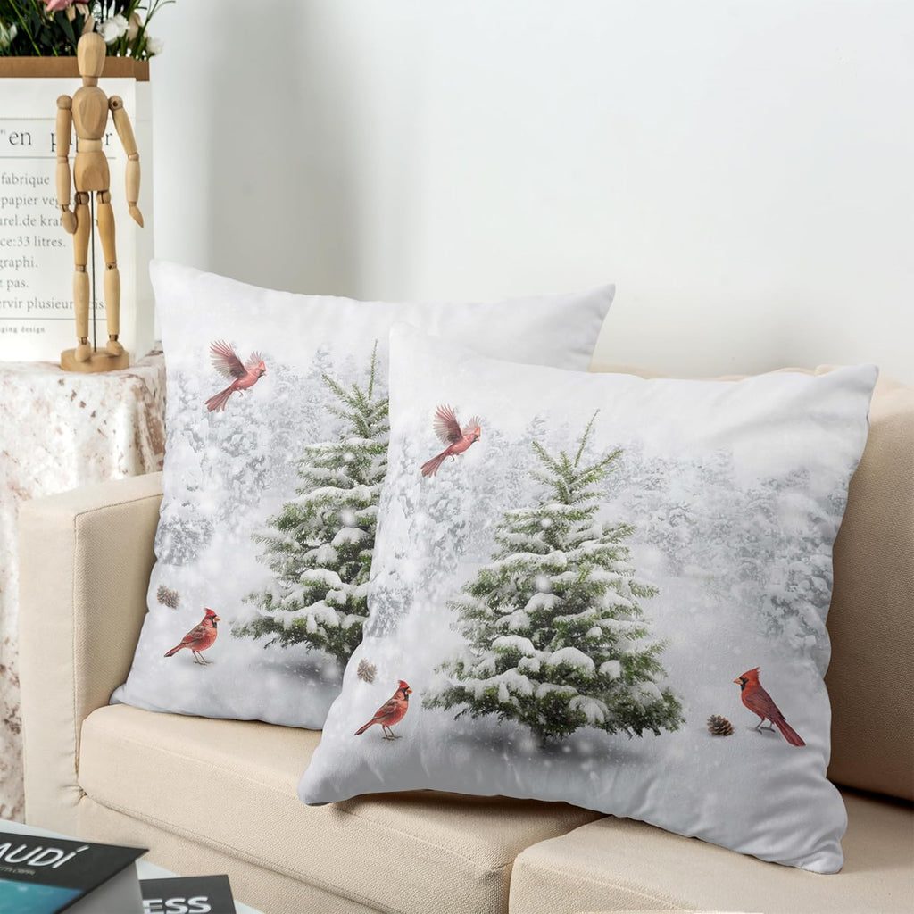 Winter Throw Pillow Covers 18X18 Snowy Natural Forest Decorative Pillow Case Green Pine Tree with Cardinal - Set of 2