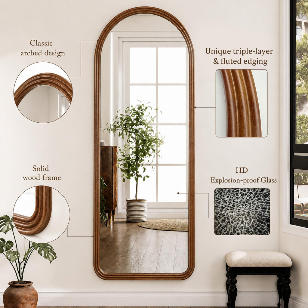 24x65 Inch Wood Arched Full Length Floor Mirror, Red Walnut