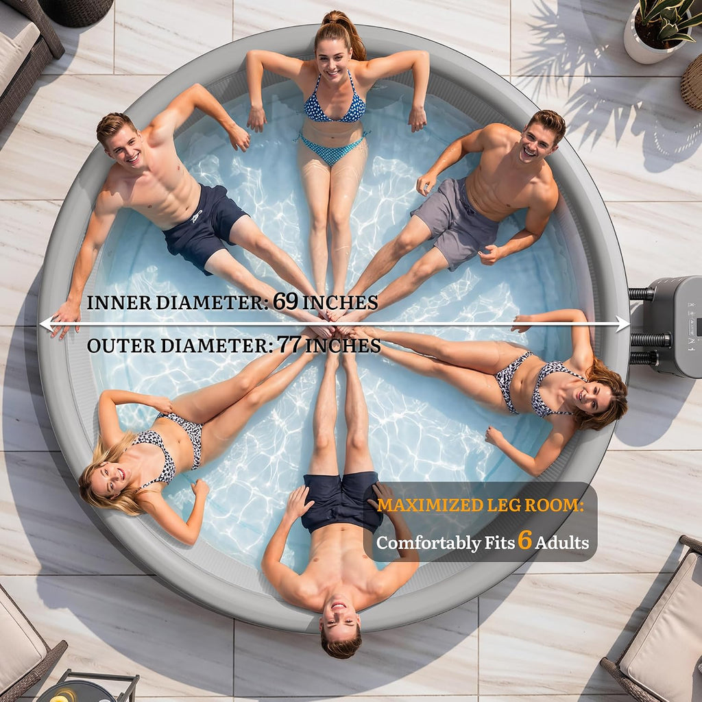 77" Premium Drop-Stitch Inflatable Hot Tub for 6 Person, Rigid Portable Outdoor Spa with 180 Massage Jets, Smart