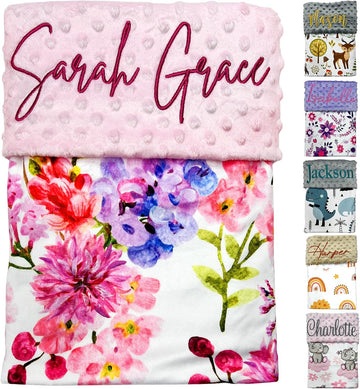 Blanket 28x36in Custom Minky Blanket with Name Embroidery - Super Soft Plush for Newborn Boys & Girls (Pink Floral)