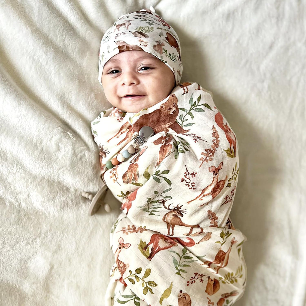 Muslin Swaddle Blankets, Muslin Baby Boy Swaddle Blanket and Hat Set with Birth Announcement Card, Newborn Unisex