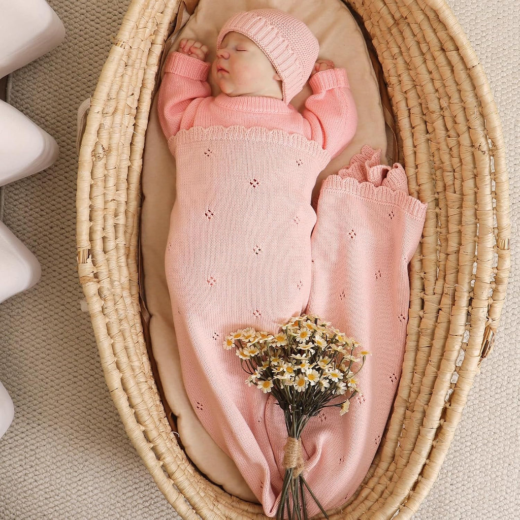 Organic Cotton Baby Blanket Knit Beanie Hat Booties Set