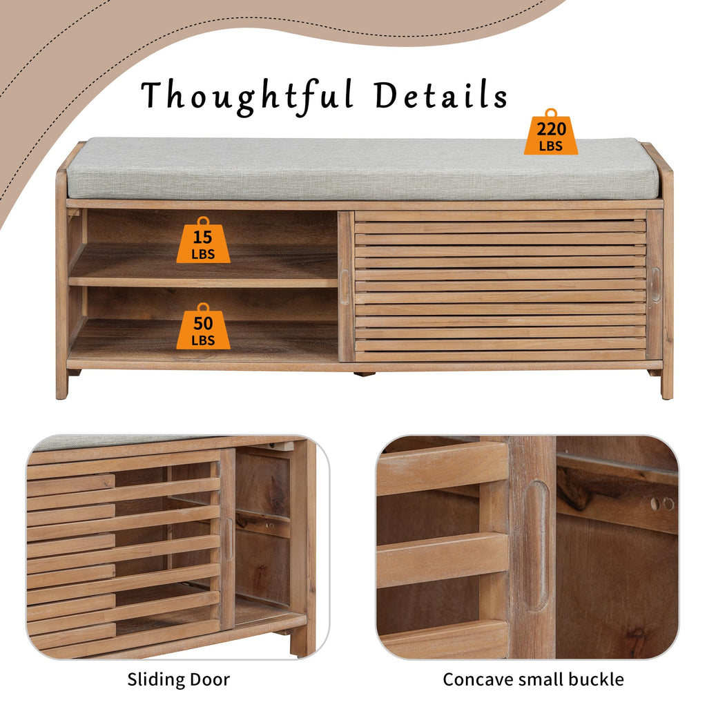 Shoe Storage Bench with Cushion, 2-Tier Entryway Bench with Sliding Shutter Doors, Farmhouse Style, 43.3" W x 15.4"
