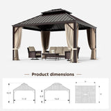 12 X 14ft Hardtop Gazebo with Nettings and Curtains, Heavy Duty Double Roof Galvanized Steel