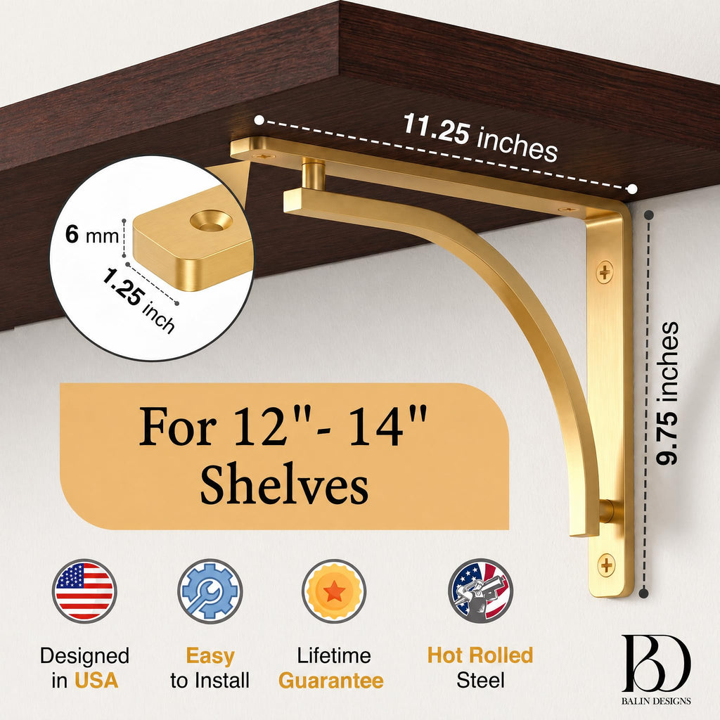 Classic Brass Powder Coated Heavy Duty Shelf Brackets 12 inch by - Gold L Bracket, Wall Mounted Support, Shelving