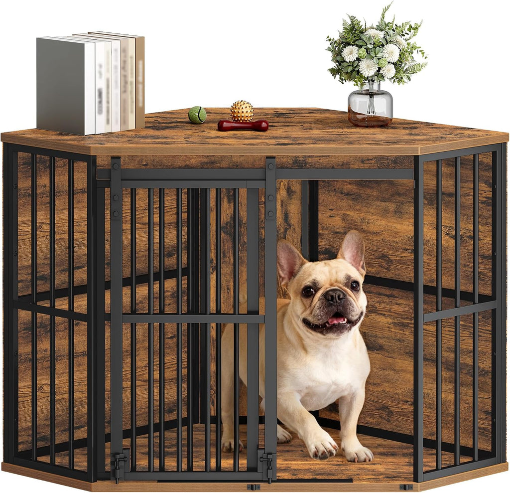 Corner Dog Crate Furniture Wooden Dog Kennel Indoor with Barn Door