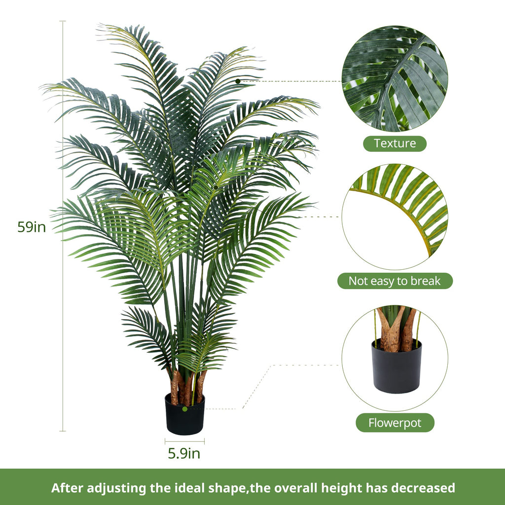 Artificial Tropical Palm Plant - 5 Ft Artificial Tree with Plastic Pot Decor, Tall Faux Plants for Indoors and