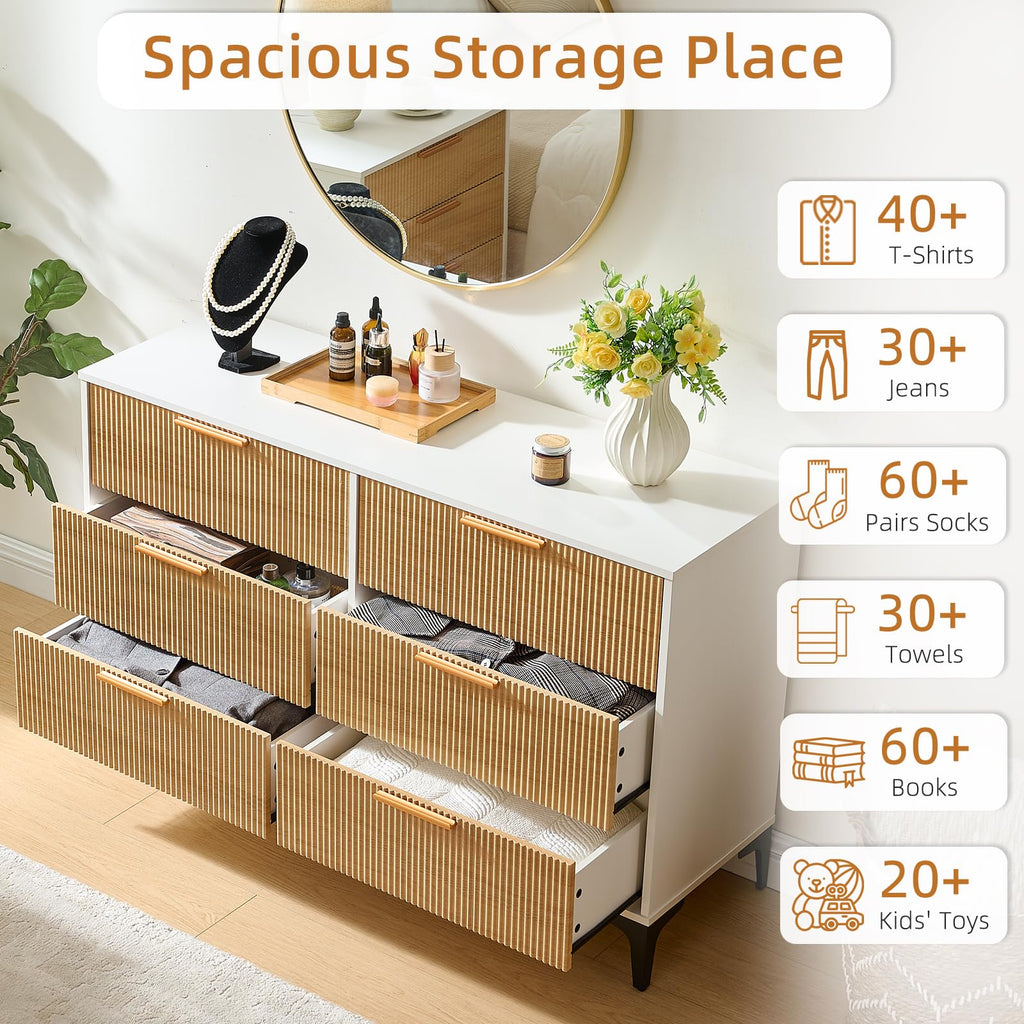 Fluted Dresser, Wide 6 Drawer Wood Dresser, White/Natural Oak