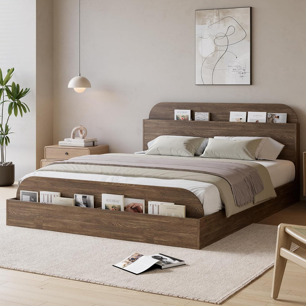 Queen Size Bed Frame, Floor Low Platform Bed, Walnut