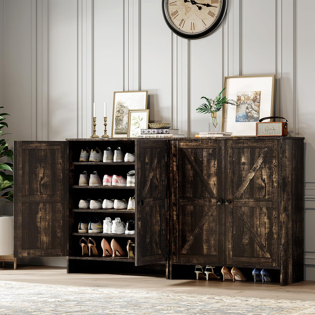 Shoe Cabinet with Doors, 5 Tier Dark Rustic Oak Wooden Shoe Storage Cabinet with Double Barn Doors, Adjustable
