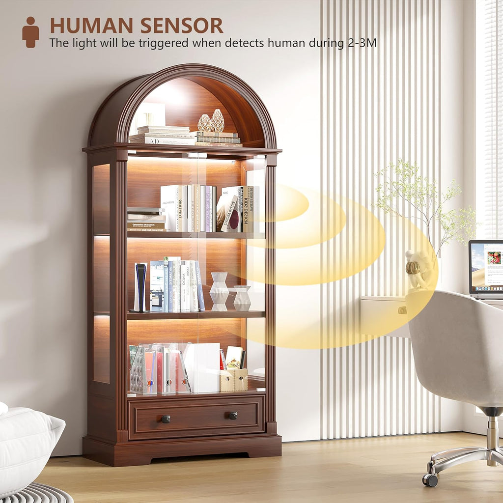Curio Cabinet with Glass Doors & LED Lights | 72" Tall, Arched Display Cabinet, Human Sensor Lights, 4-Tier Large