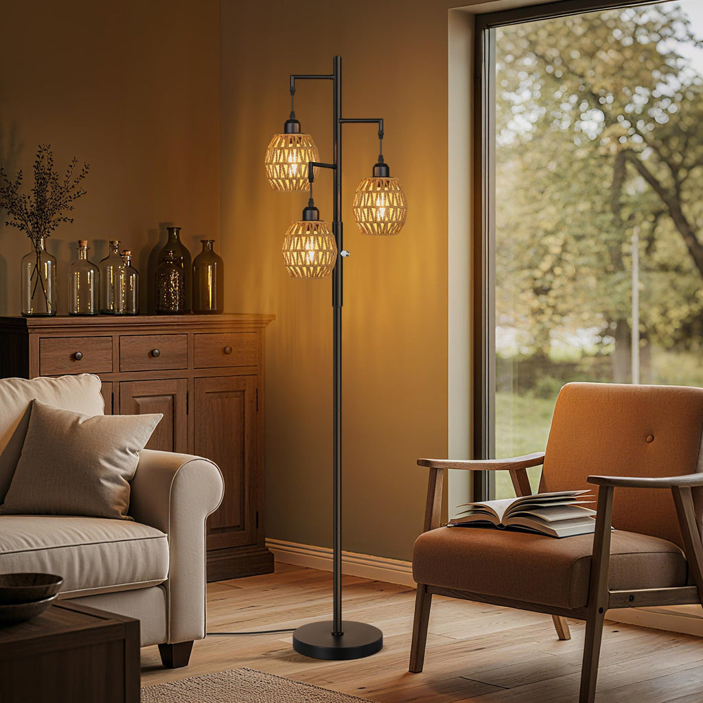 Dimmable Boho Floor Lamp - 3 Light Farmhouse Rattan Floor Lamps, Tree Floor Lamps with Bohemian lampshades, Rustic