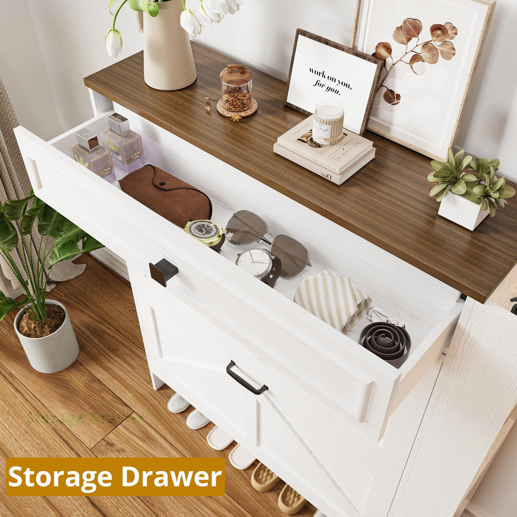 Shoe Storage Cabinet with 2 Flip Drawers & Barn Door, White/Walnut