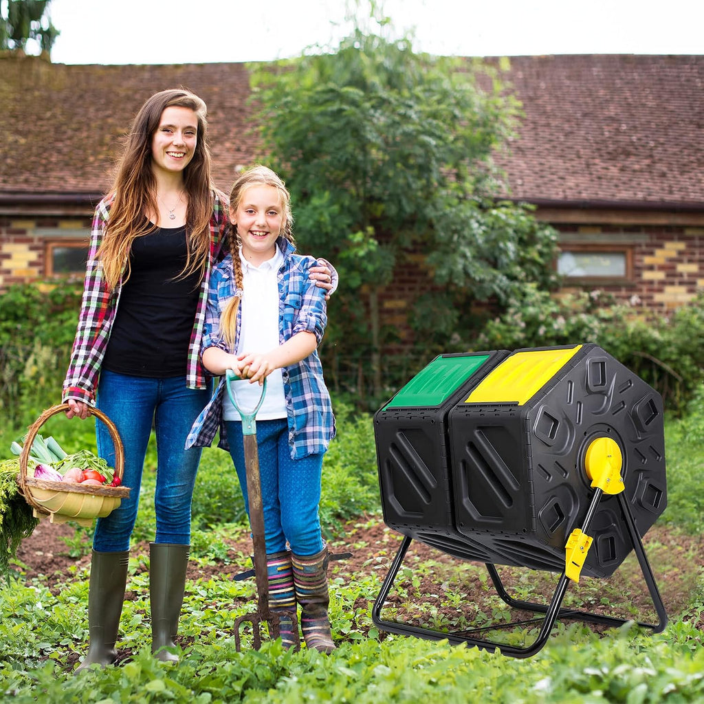 Dual Chamber Composting Tumbler Bin, Tumbling Composter with 2 Sliding Doors for All Season Outdoor, Gardens, Yard