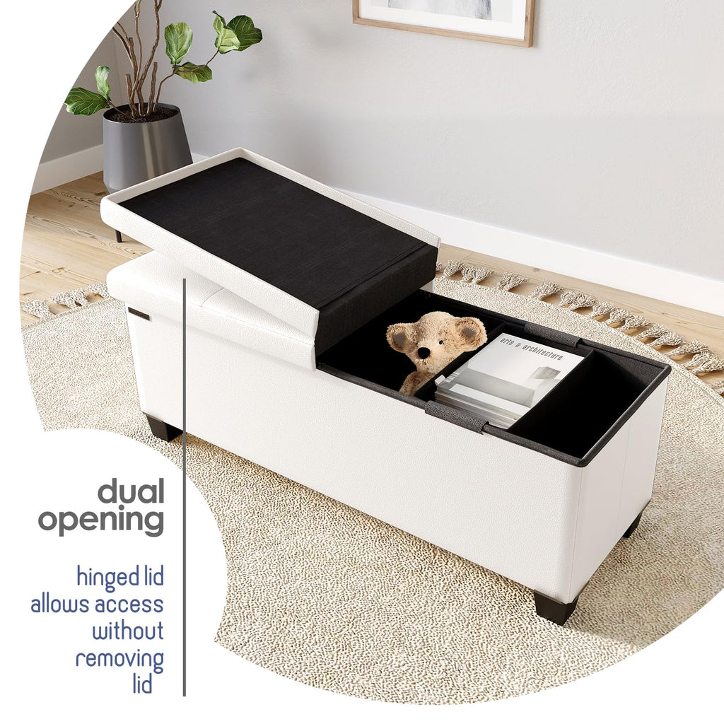 Storage Ottoman Bench with Bins, 43-in Storage Bench End of Bed, Folding Foot Rest Ottoman Max 660lbs, Faux Leather