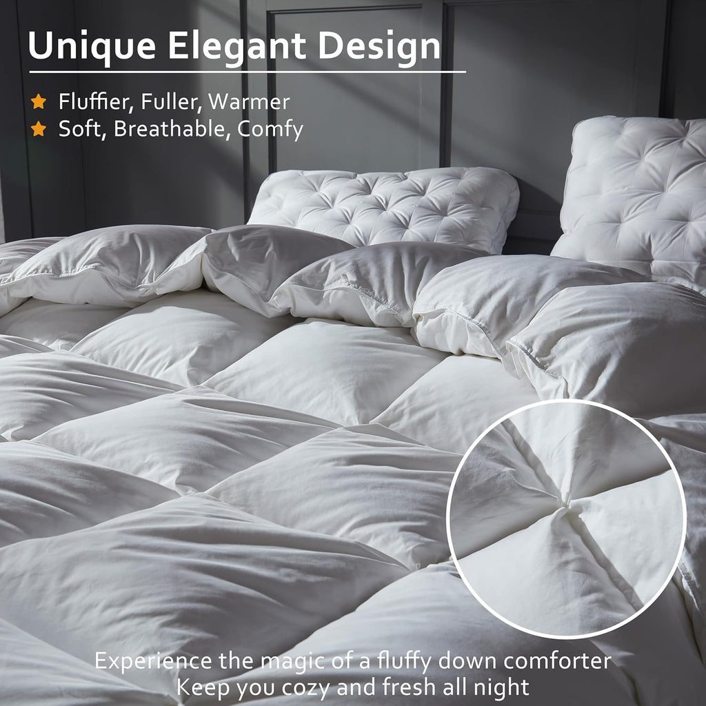 Luxury Goose Down Comforter Queen, Ultra-Soft Fluffy Duvet Insert for All Season