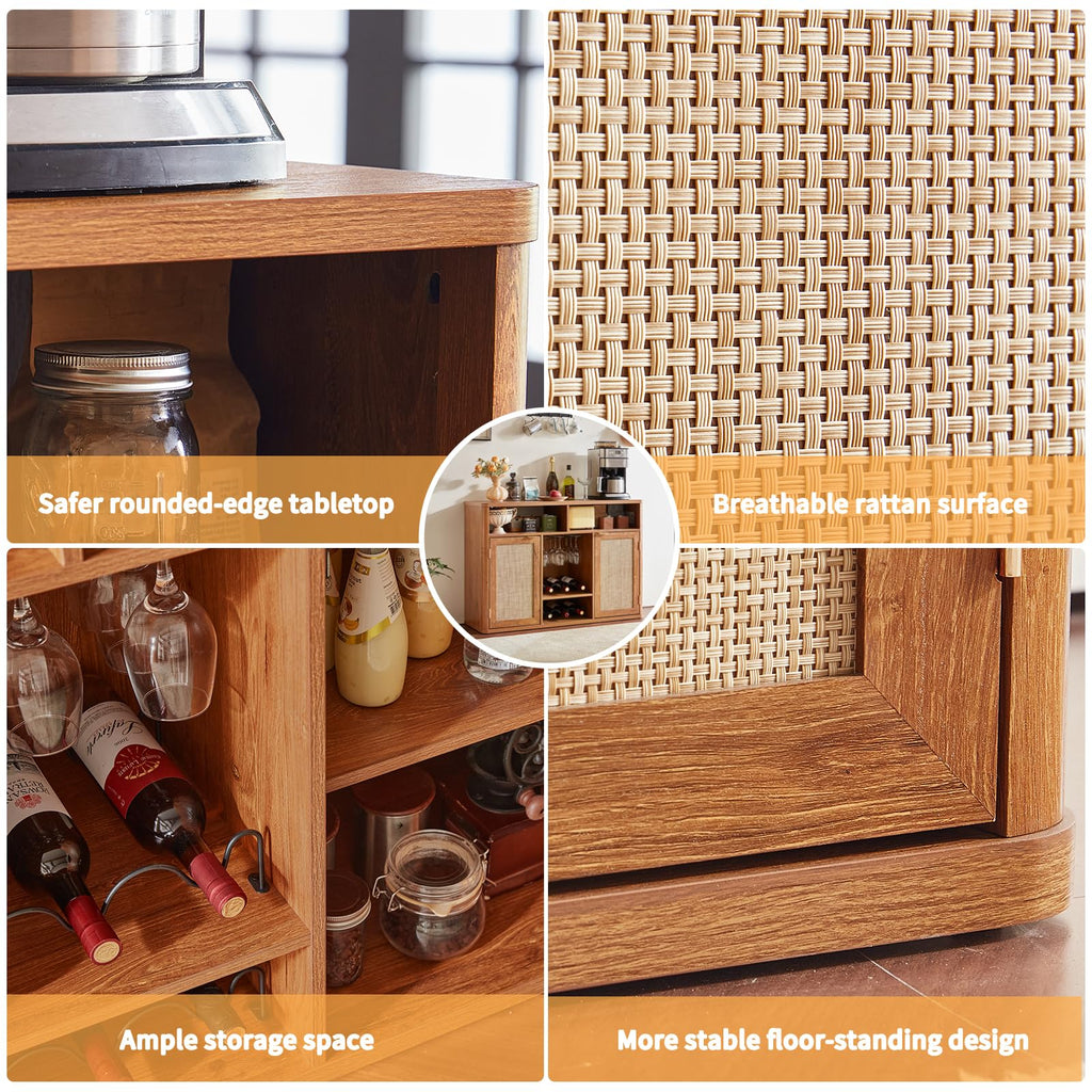 Rattan Wine Bar Cabinet with Storage, Tea Brown