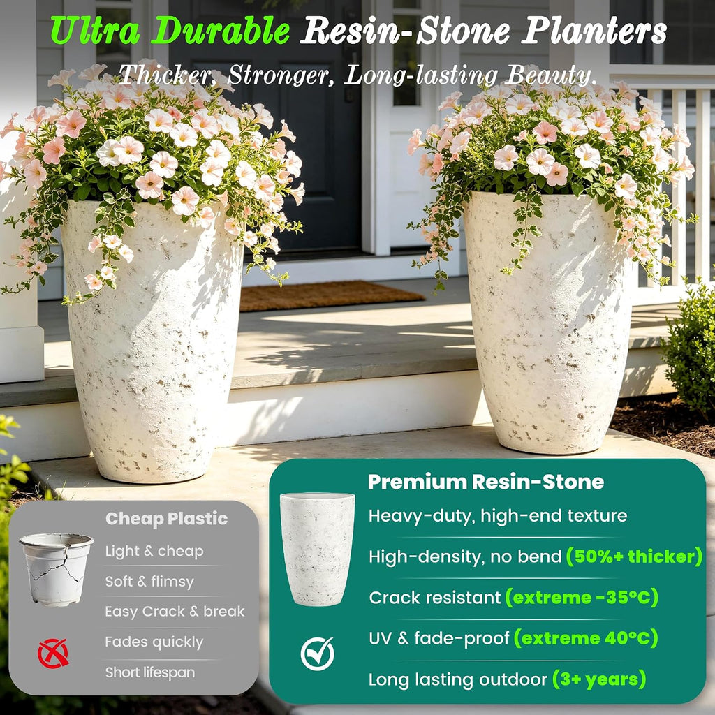 19.5" Resin Tall Planters for Outdoor Plants, Set of 2 Flower Pots | Country White Large Outdoor Planters With Birch