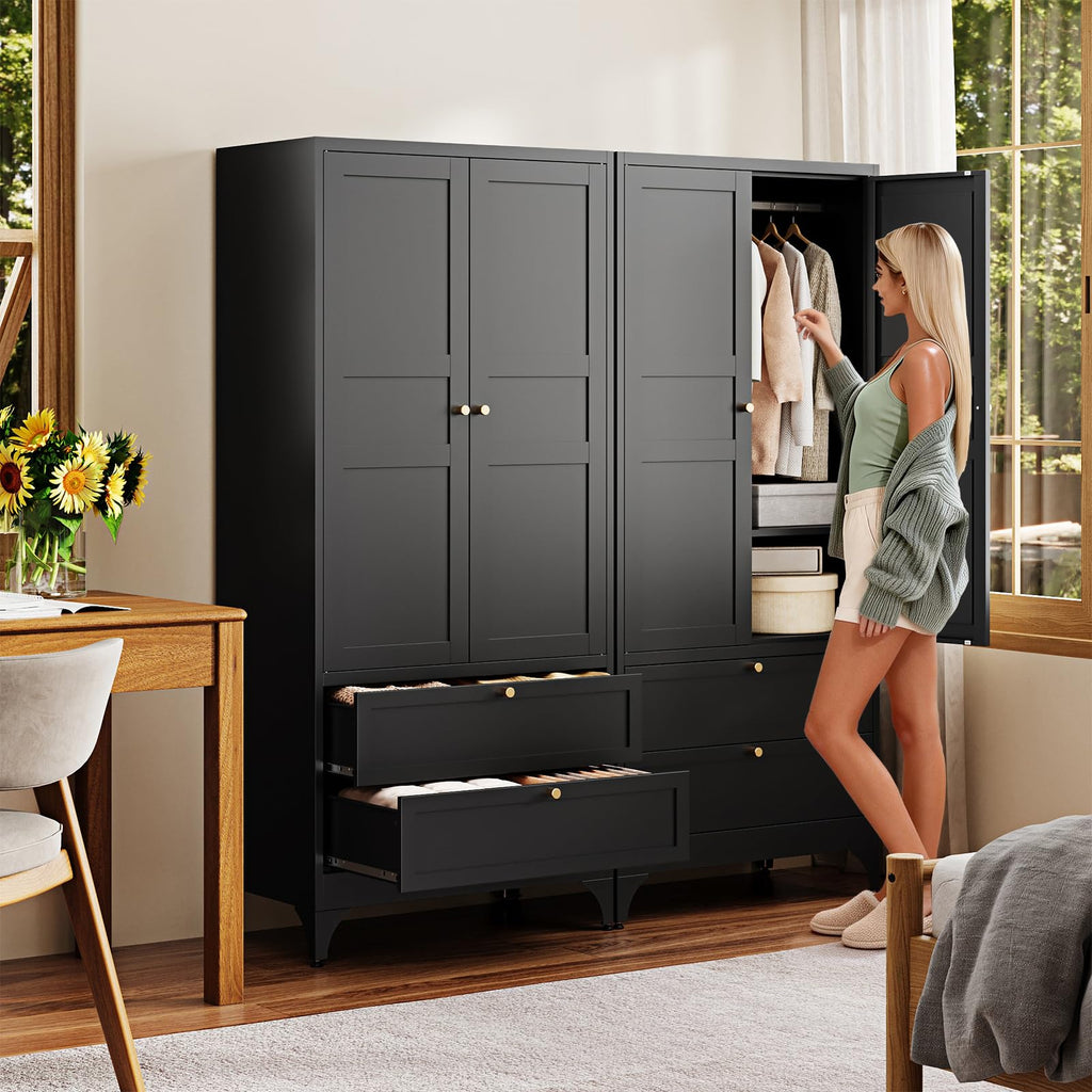 Metal Armoire Wardrobe Closet with Drawers, Clothing Storage Cabinet with Doors and Shelves, Coat Closet with Hanging