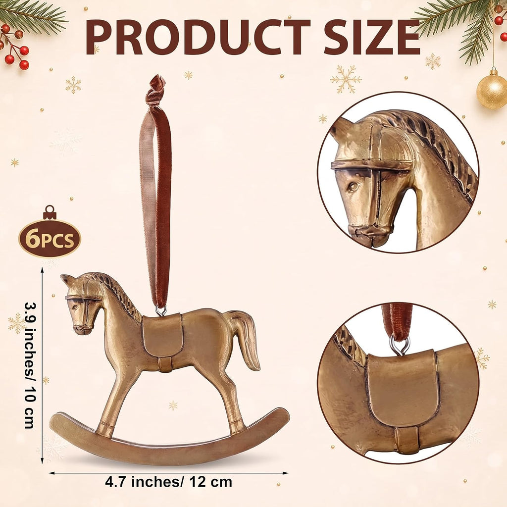 6 Pcs Vintage Christmas Rocking Horse Ornament, Solid Lanyard, Brown