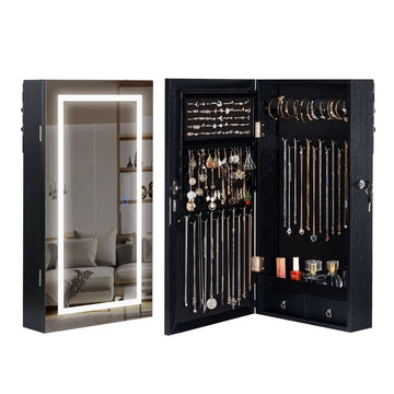 Lockable Jewelry Cabinet Armoire with LED Lighted Mirror - Black