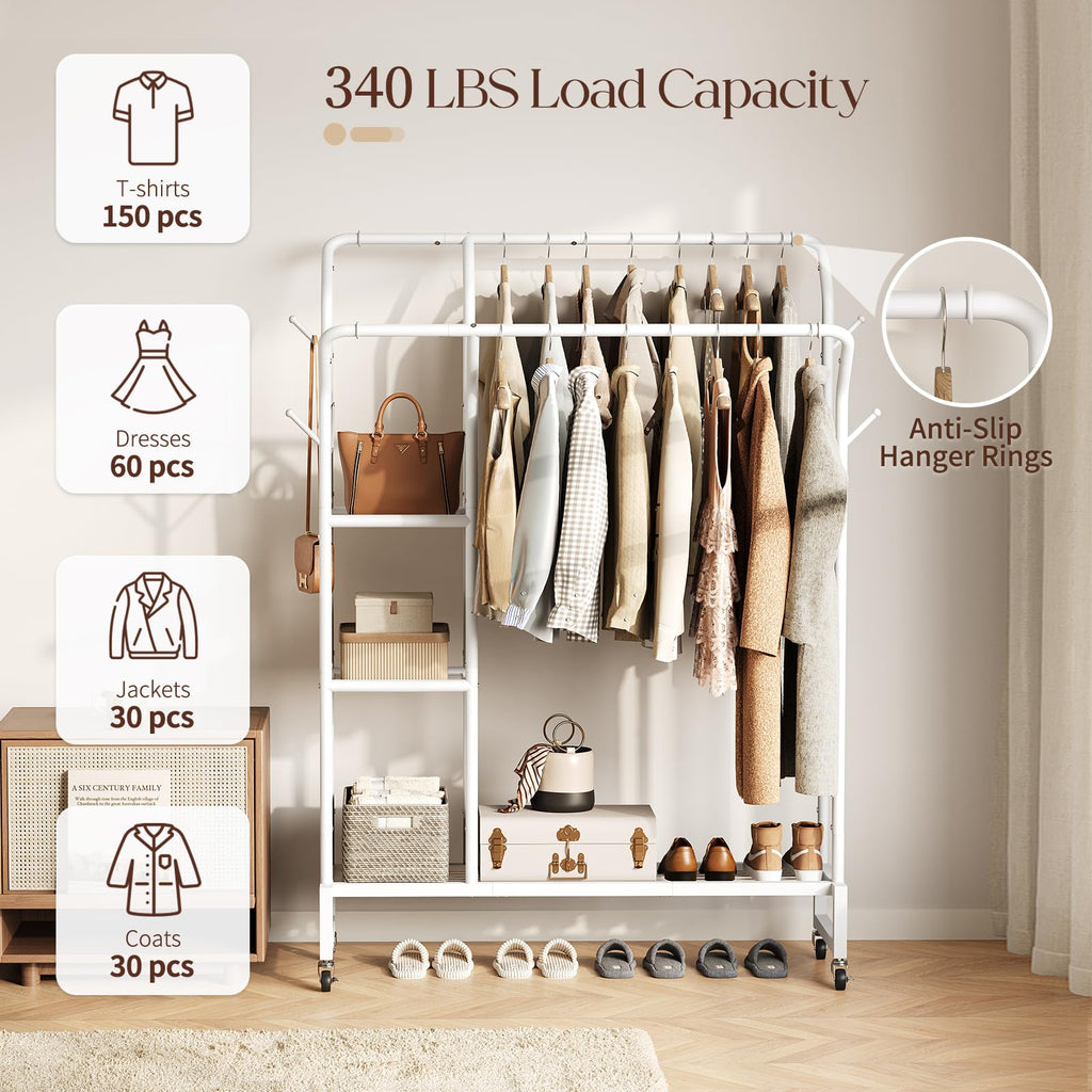 Double Rods Clothes Rack - Portable Clothing Rack with Wheels, Rolling Garment Rack with 3-Tier Shelves & 4 Hooks
