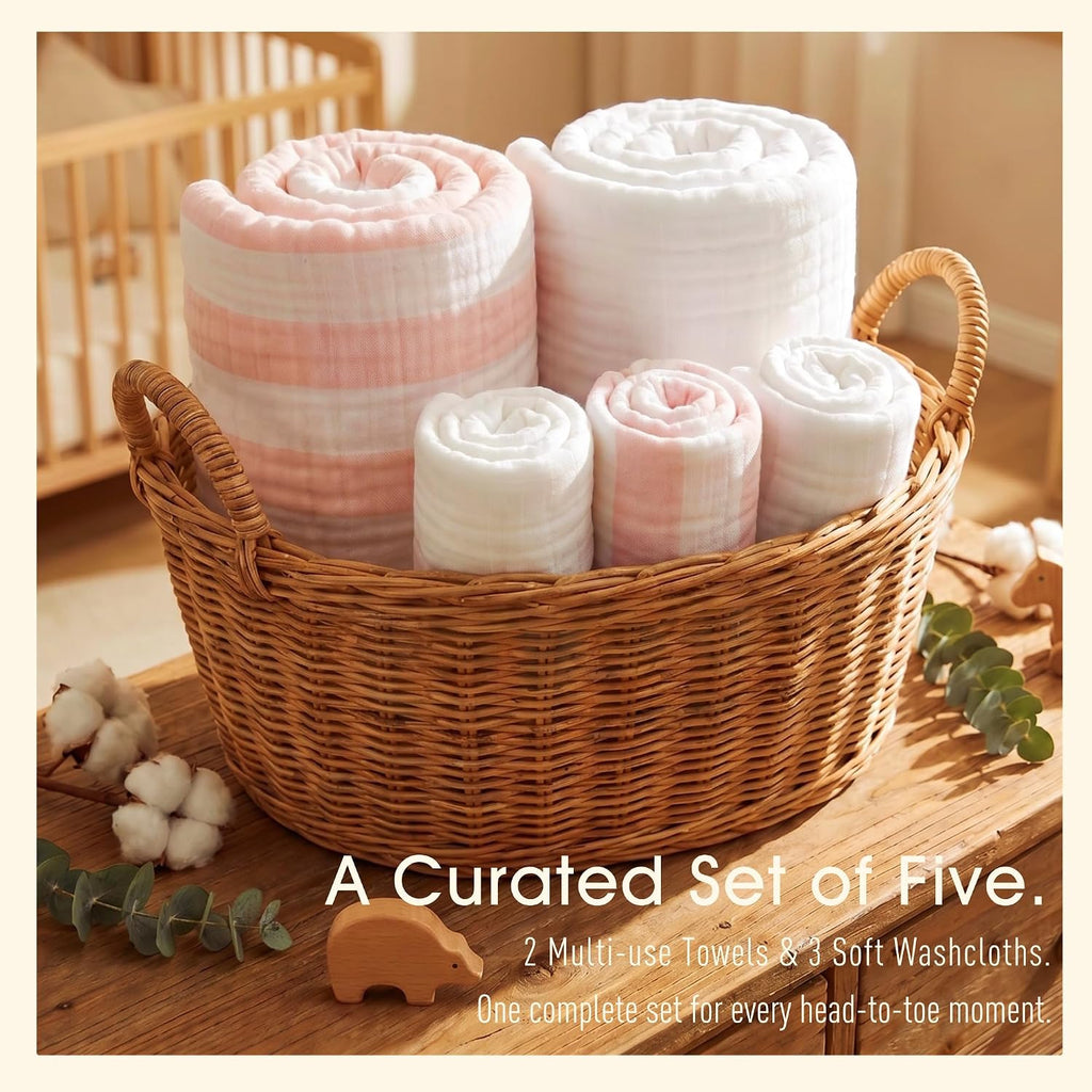 Organic Muslin Baby Bath Towel Blanket Pc Gift Set -Pink Stripe