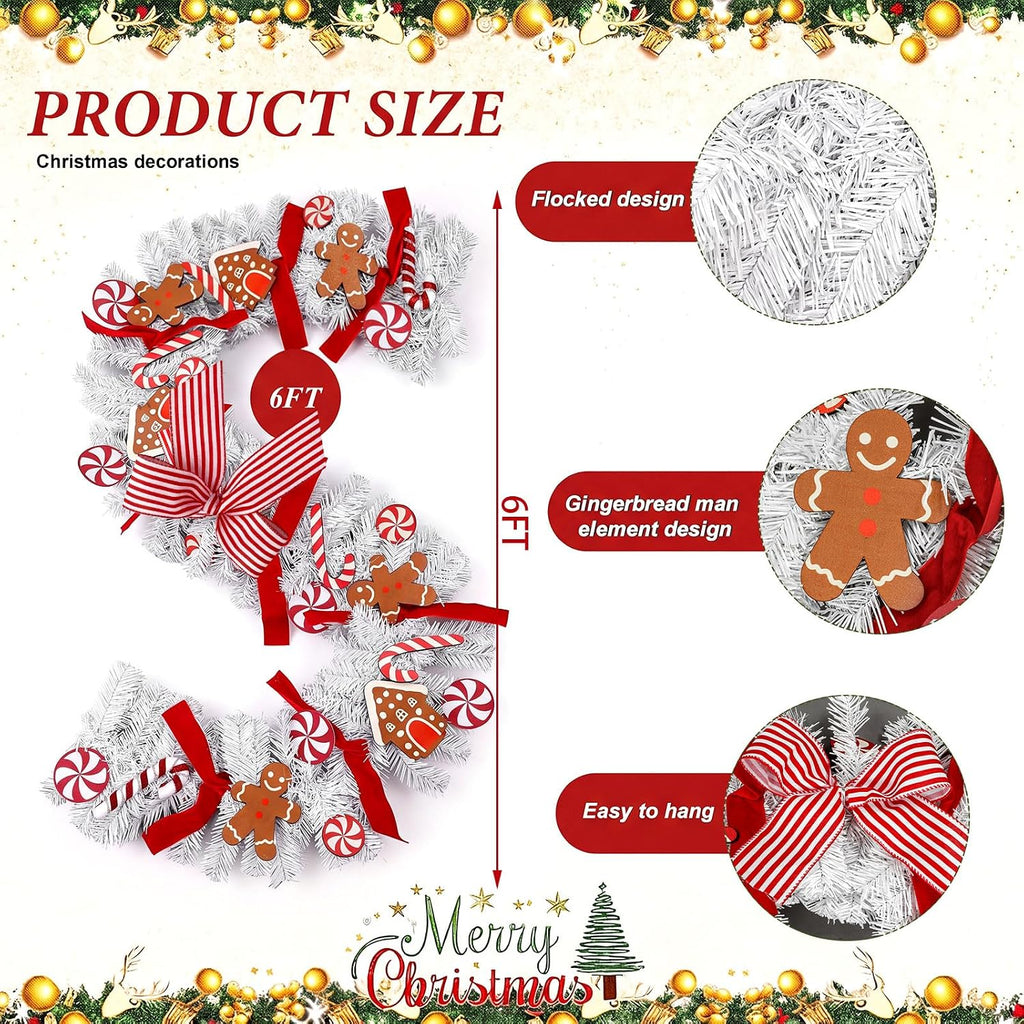 6.56 ft Gingerbread Christmas Garland for Front Door with Light