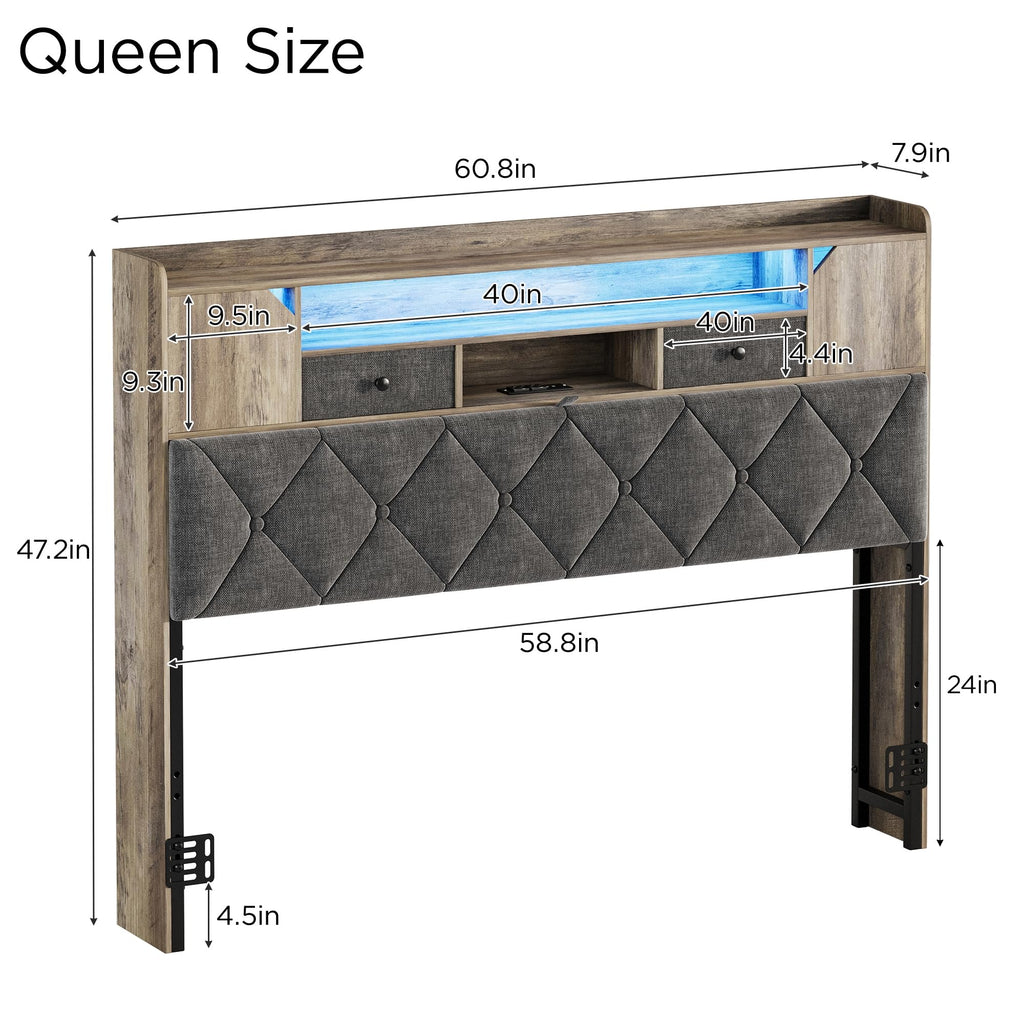 Headboard for Queen Size Bed with Storage, Upholstered Headboard Only, Wood Head Board with Charging Station and Led