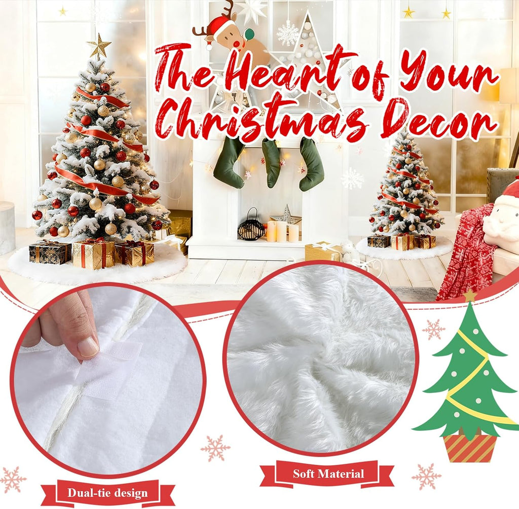 Christmas Tree Skirt 60 Inch White - Fluffy Faux Fur Christmas Tree Mat & Decoration for Indoor Outdoor Use