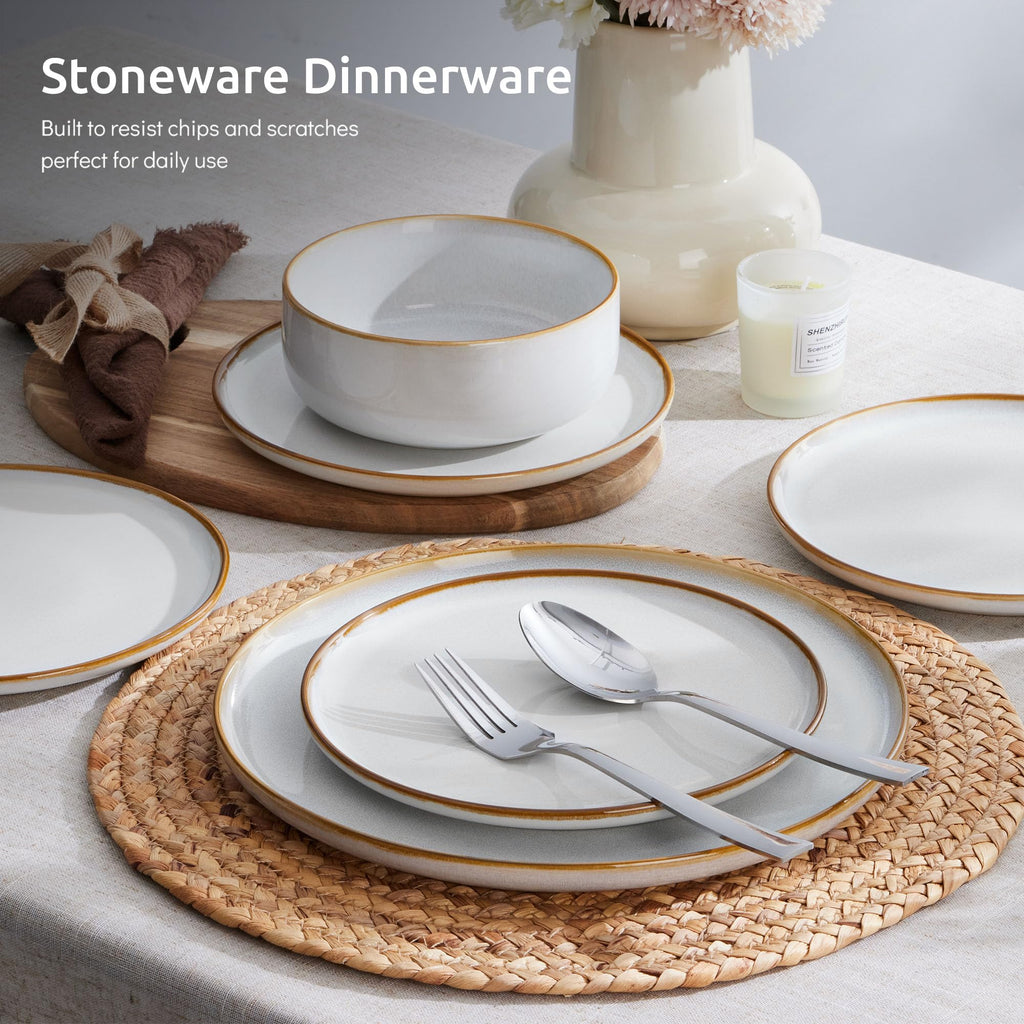 Dinnerware Sets for 6, 18-Piece Stoneware Plates and Bowls Set, Reactive Glaze Dinning Ware Dishes Set, Microwave &