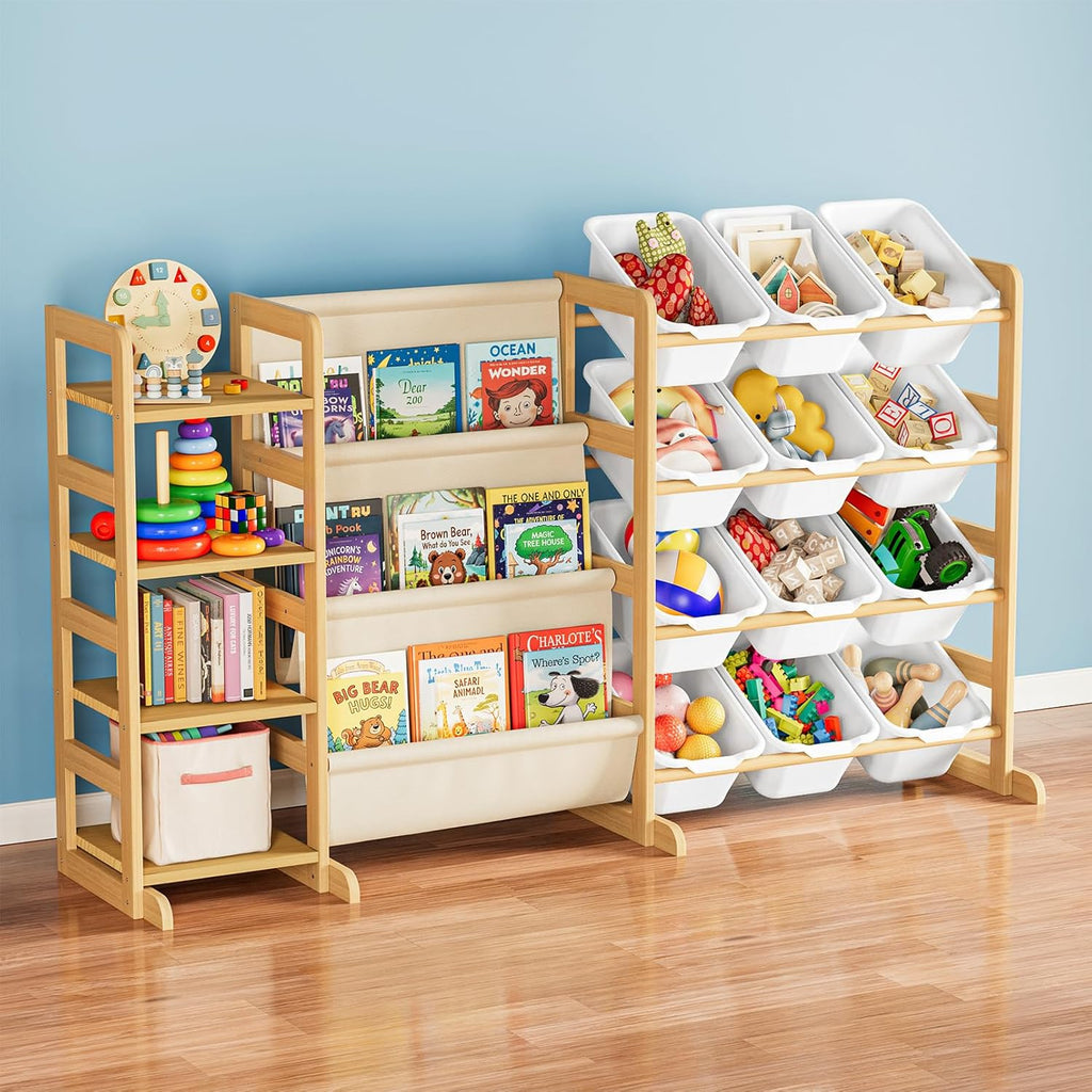 3-in-1 Toy Storage Organizer with 4 Shelves and 12 Bins, Toy Organizers Storage 3-Tier Bookshelf, Kids Bin Shelf Box