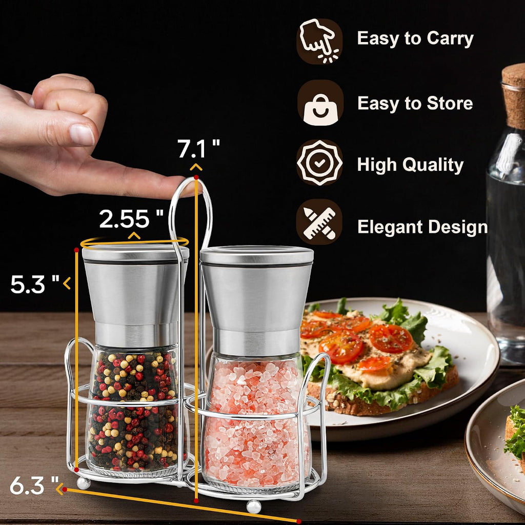 Stainless Steel Salt and Pepper Grinder Set - Short Glass Shaker, Pepper Mill & Salt Mill with Adjustable Coarseness - Set of 2