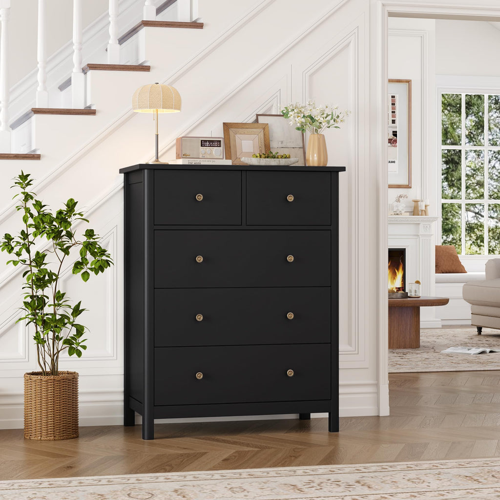 Black with 5 Drawers, Chest of Drawers, 5 Drawers | 29" W Modern Wood with Practical 2 Size Drawers, Space-Saving
