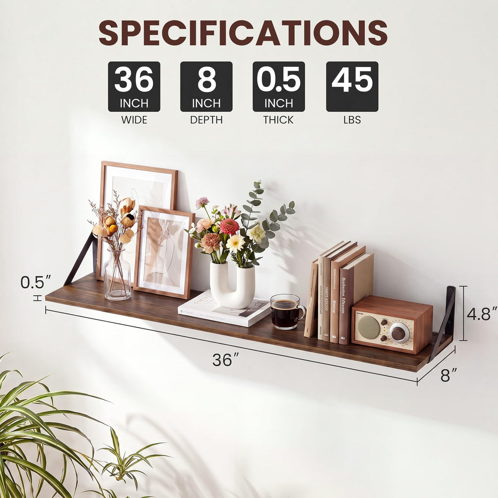 Wall Shelves 36 Inch, 8 Inch Deep, Set of 2, Rustic Brown