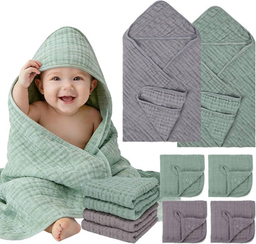 6 Pcs Muslin Hooded Baby Bath Towels Sets - 2 Pack 100% Cotton Baby Towel & 4 Pack Muslin Washclothes- 32x32Inch Baby