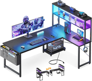 53" L Shaped Gaming Desk with Shelves, LED & Outlets, Black | Hook for headset, bag for gear. Shelves for books &
