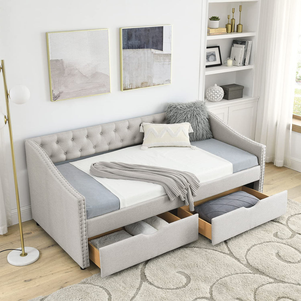 Upholstered Daybed with Drawers, Modern Fabric Twin Size Button Tufted Daybed Frame Sofa Bed, No Box Spring Needed