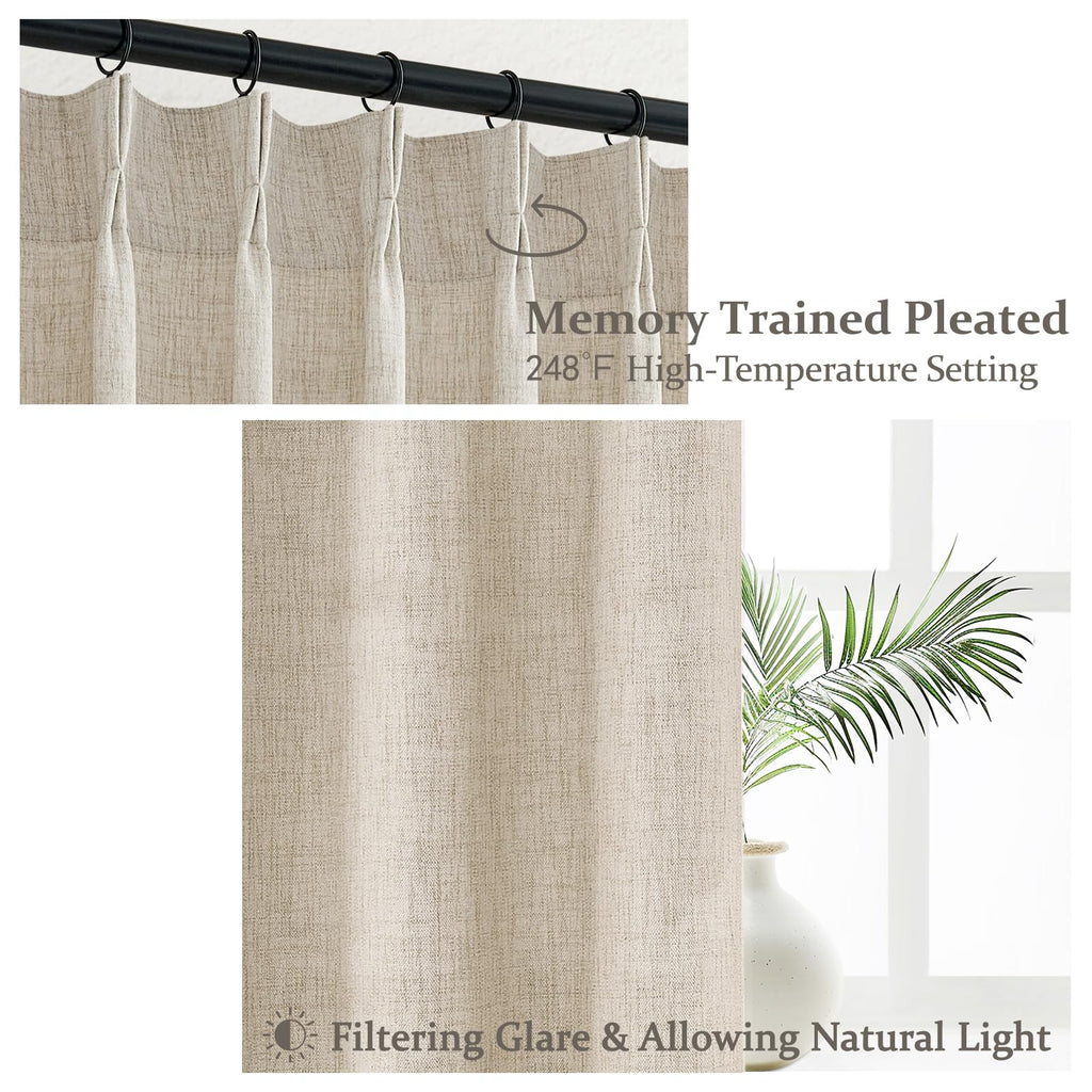 Linen Semi Sheer Large Curtains 102 Inches Long 2 Panels Set, Memory Trained Pinch Pleated Extra Wide Light