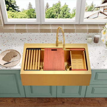 Gold Double Bowls Kitchen Sink, 33" x 22" Drop Sink, 50/50 Double Bowls Farm Sink, 16 Gauge Stainless Steel