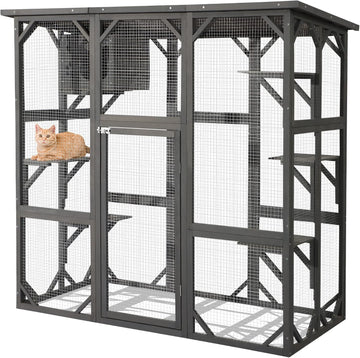 Large Outdoor Cat House Outdoor Wooden Cat Cage Cat Enclosure with Weatherproof Large Run, Jumping Platforms for Play