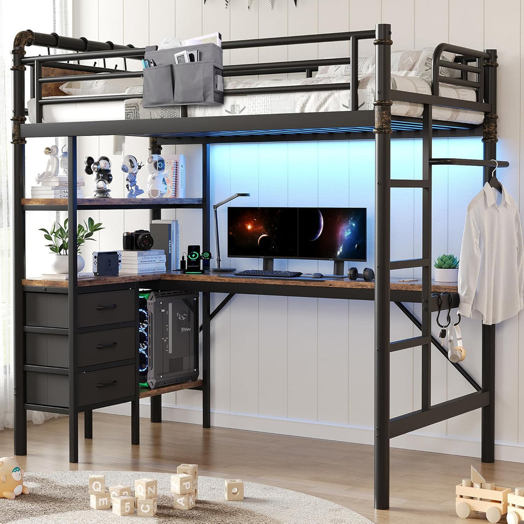 Twin Loft Bed with L-Shaped Desk, LED Lights,Charging Station