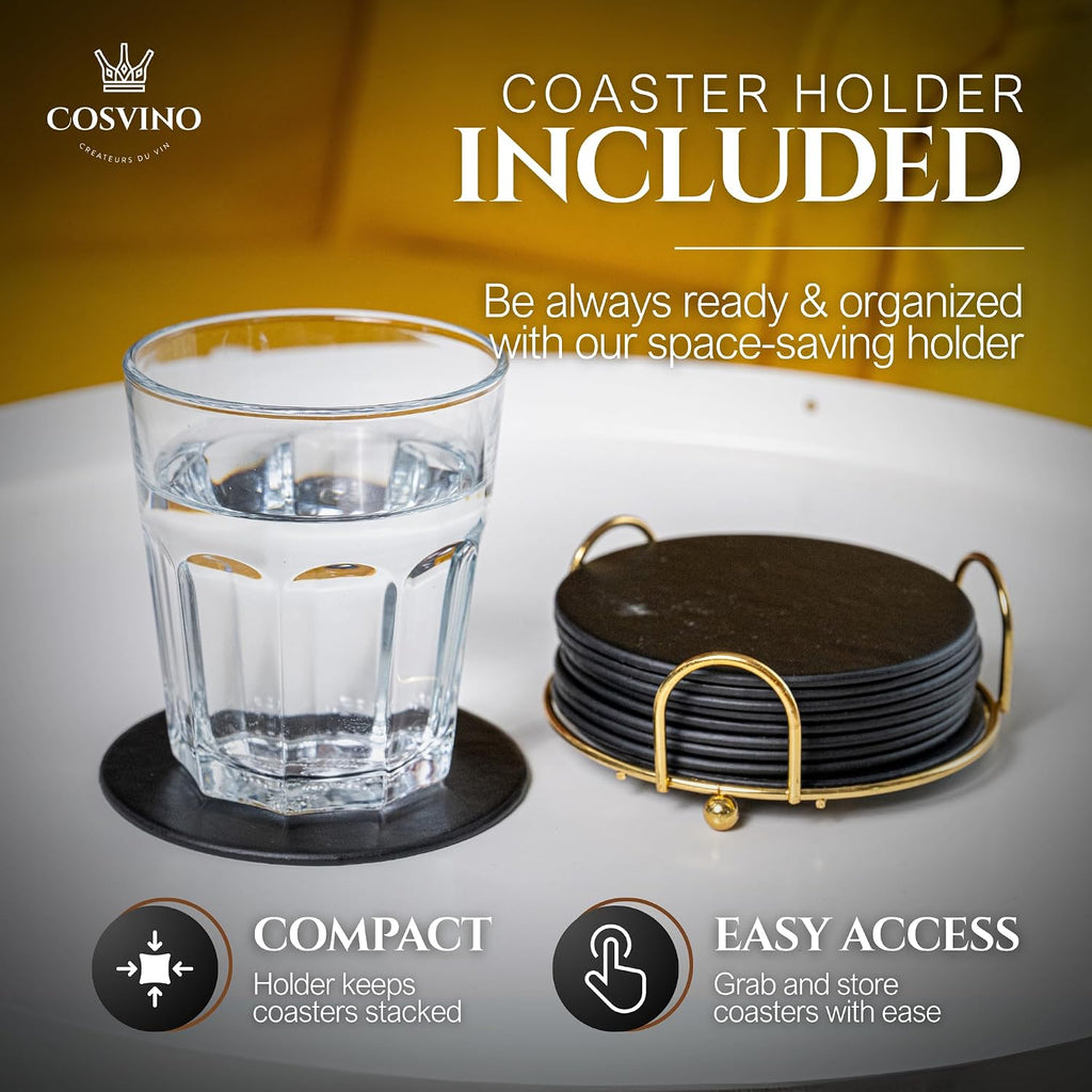 Premium Coasters Round Coasters - Gold Metal Holder - Italian Design - Tuxedo Black - Set of 10