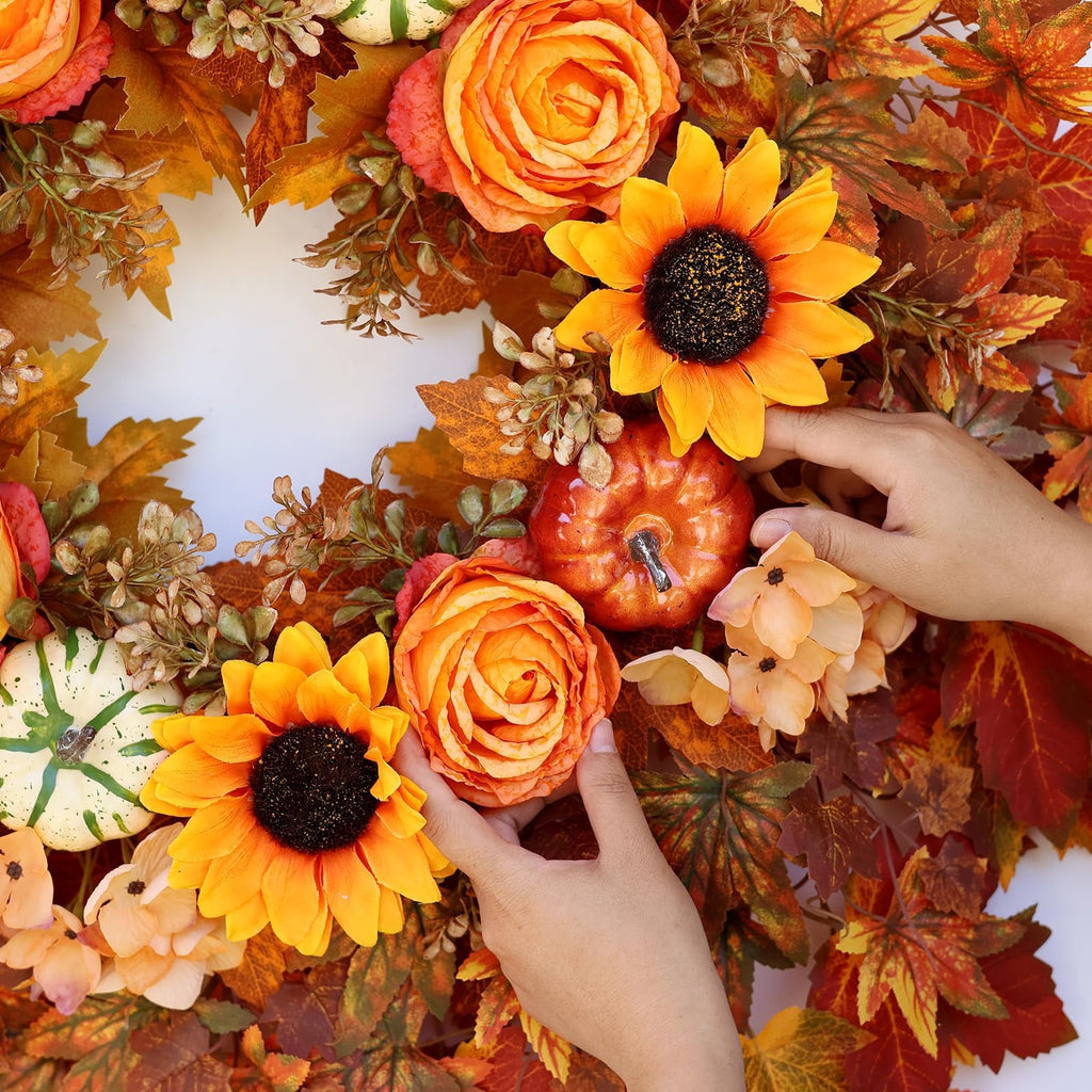 28" Large Artificial Maple Leaves Fall Wreath for Front Door(Orange-Yellow)