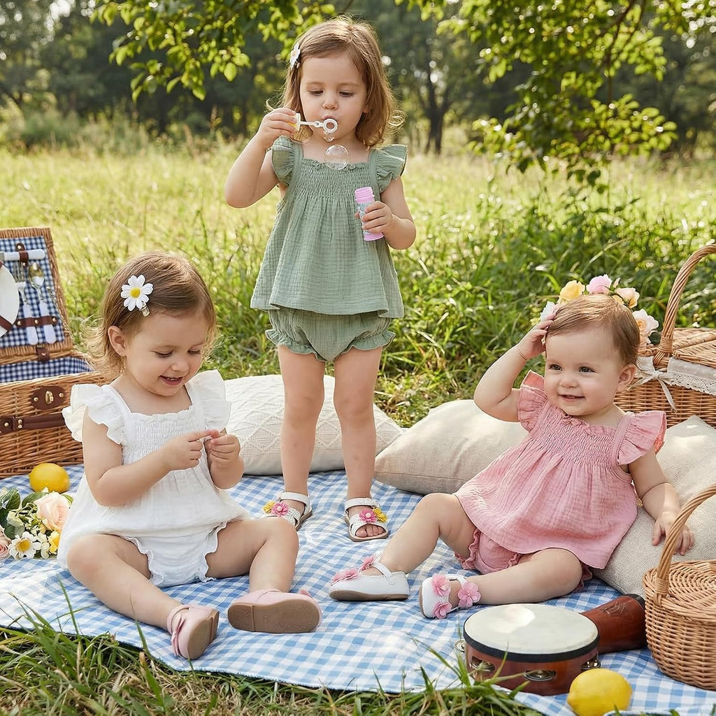 Baby Girl Summer Clothes Cute Basic Plain Cotton Linen Ruffle Tops Dress Shorts Outfits Set Shirt Princess Outfit