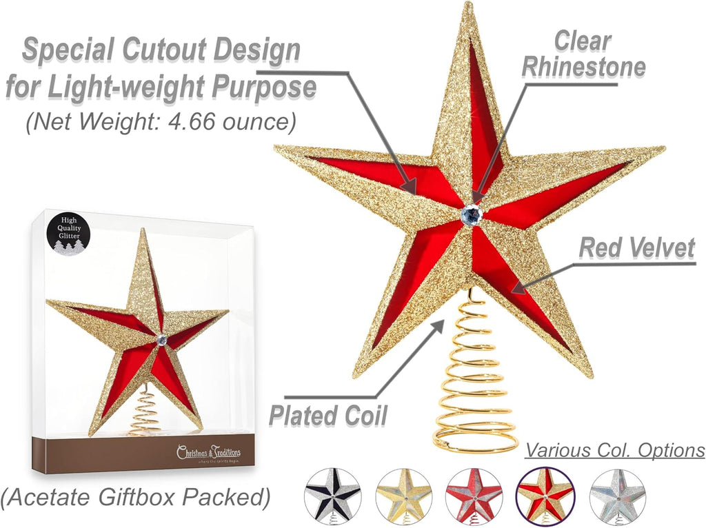 10 inch Large Filigree Red Velvet+Gold Glittered Christmas Star Tree Topper Star for Large Tree 6 feet-8 feet
