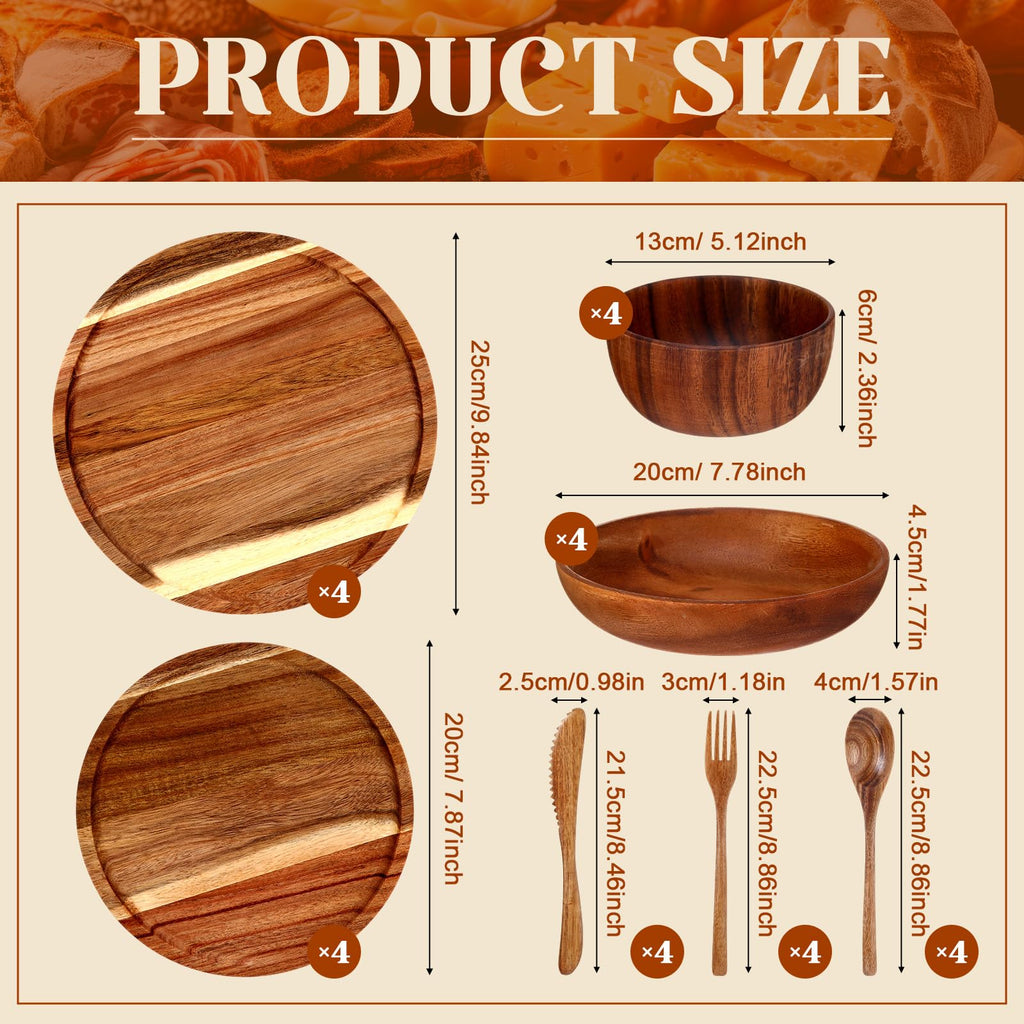 28 Pcs Acacia Wood Dinnerware Set, Wooden Plates and Bowls Set