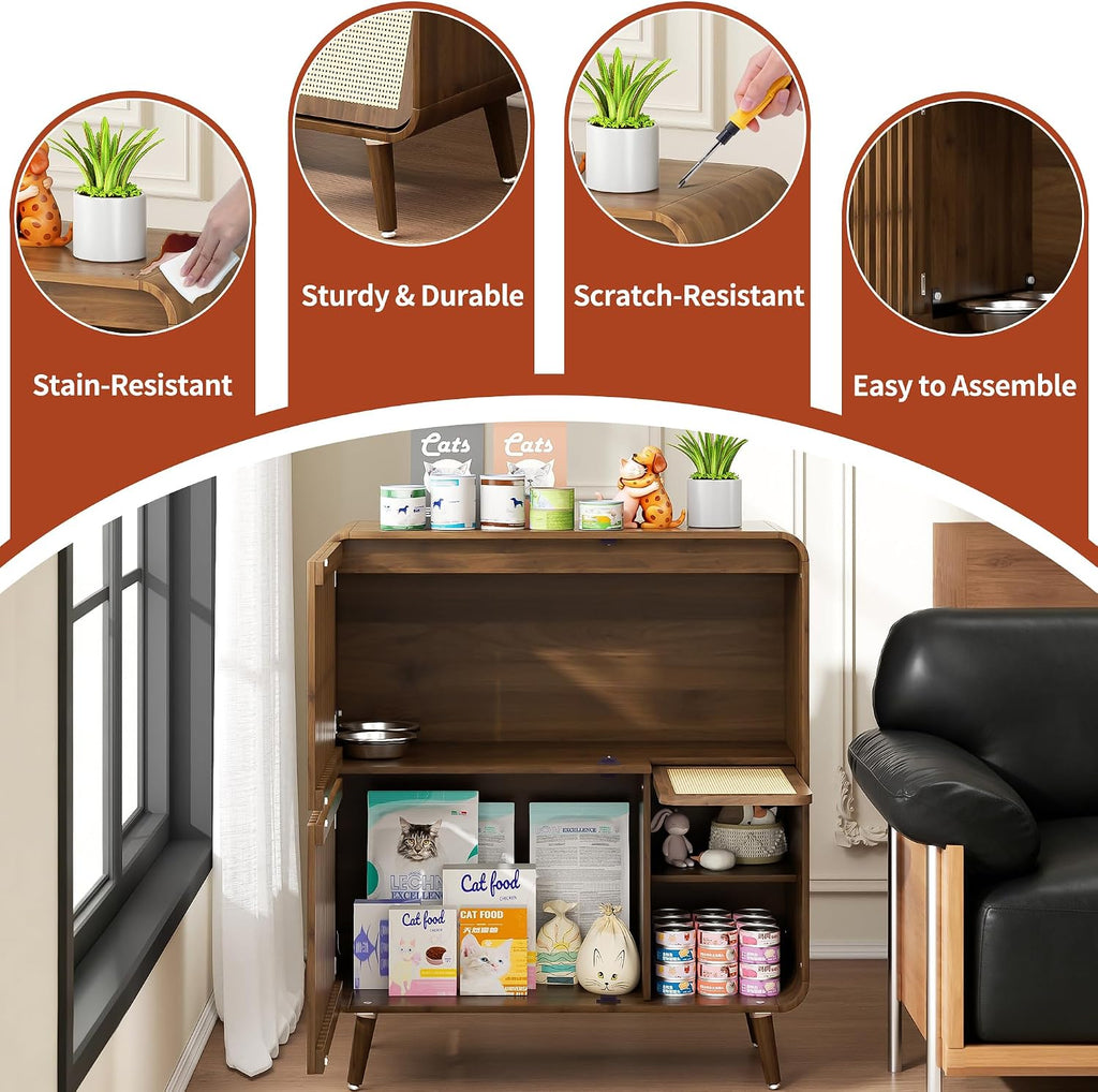 Dog Proof Cat Feeding Station, Pet Feeding Station with Storage, Walnut